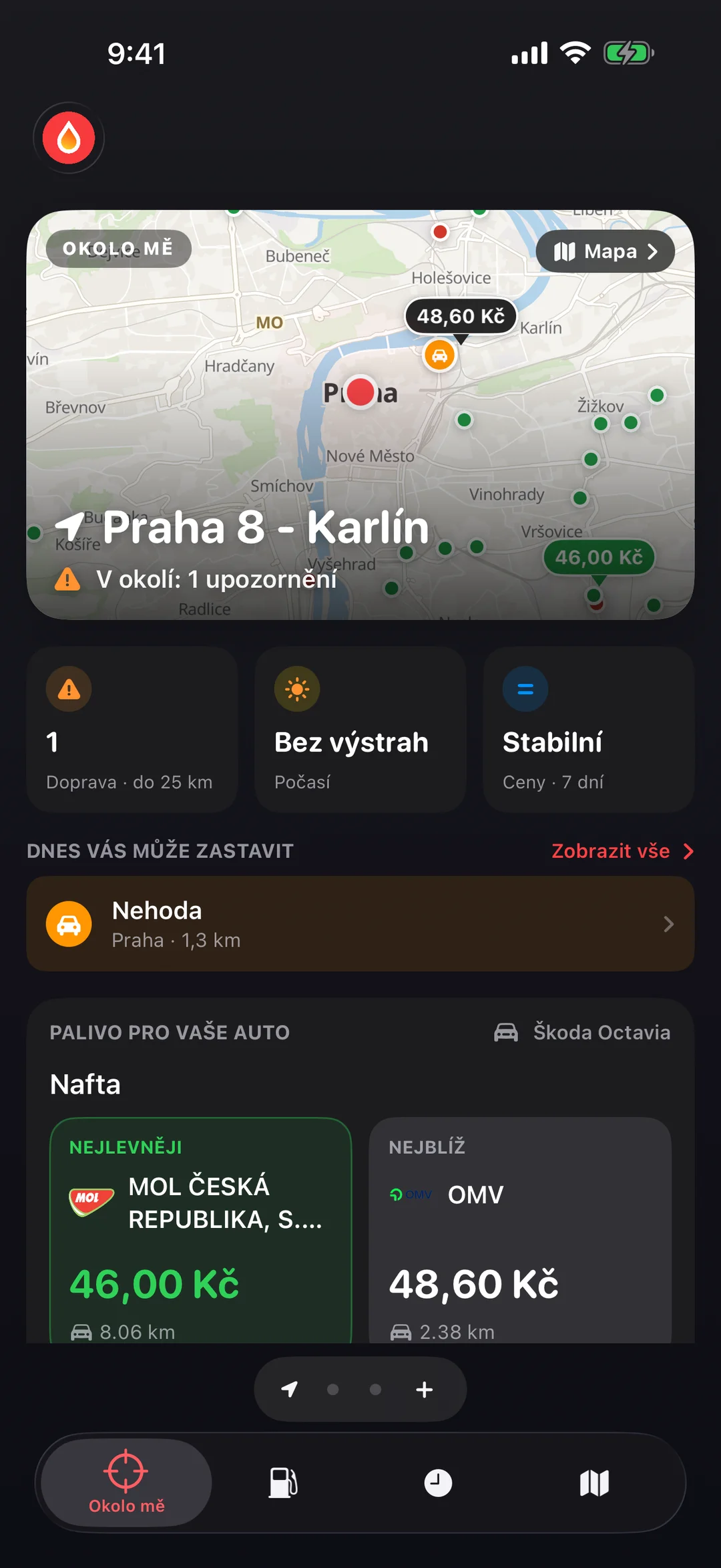 Obrazovka Okolo mě v aplikaci GasBu: mapa stanic a dopravních událostí, dlaždice Doprava, Počasí a Ceny a seznam toho, co vás dnes může zastavit
