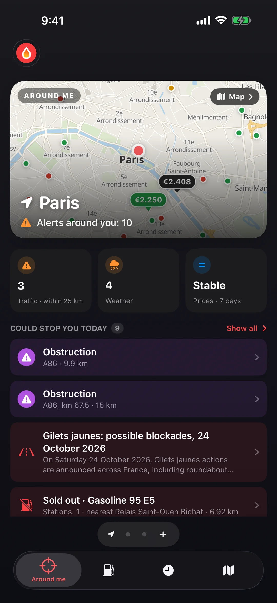 GasBu Around me screen: map of stations and traffic incidents, Traffic, Weather and Prices tiles and the list of what could stop you today