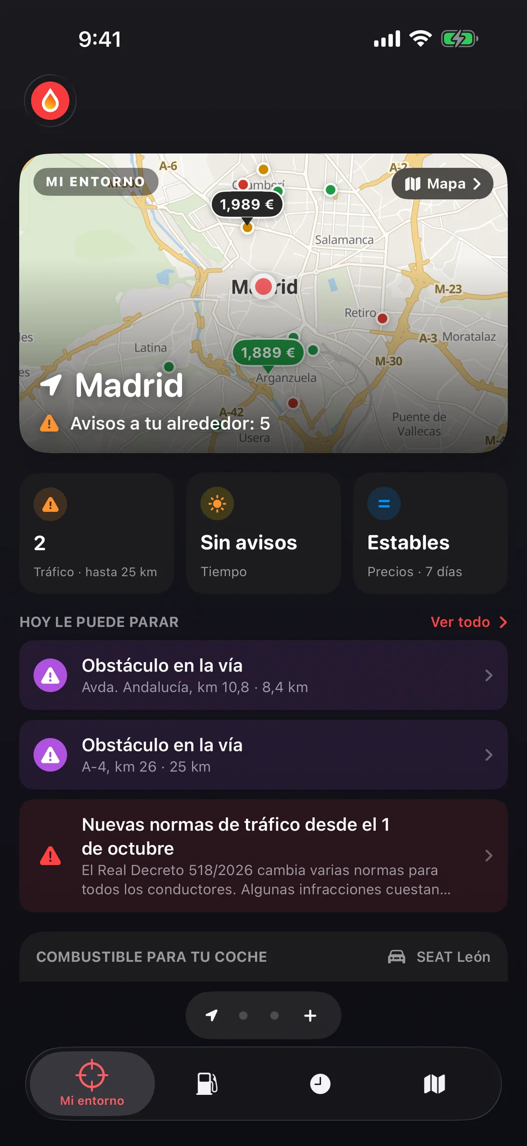 Pantalla Mi entorno de GasBu: mapa de gasolineras e incidencias de tráfico, fichas Tráfico, Tiempo y Precios y la lista de lo que hoy puede pararte