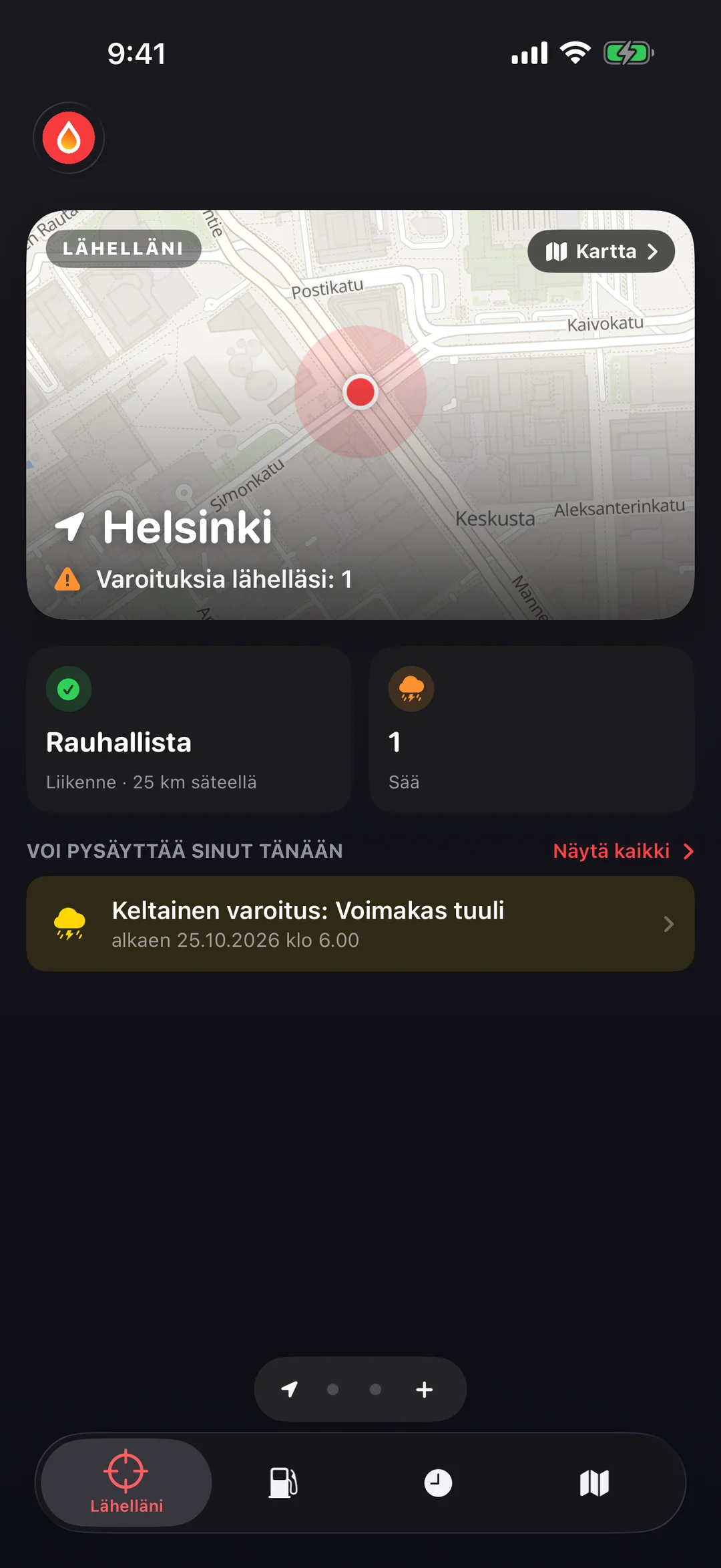GasBu-sovelluksen Lähelläni-näkymä: kartta asemista ja liikennehäiriöistä, ruudut Liikenne, Sää ja Hinnat sekä lista siitä, mikä voi pysäyttää sinut tänään
