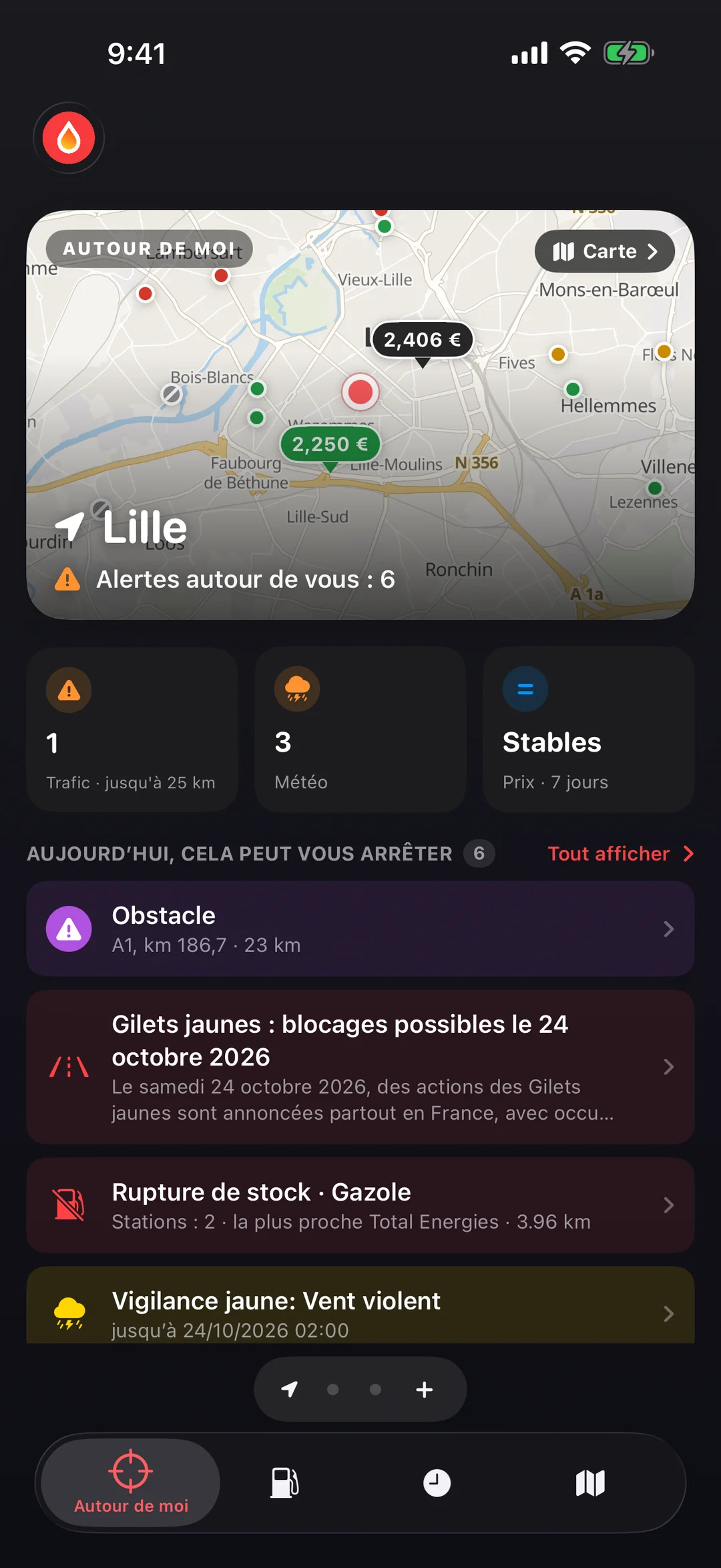 Écran Autour de moi de GasBu : carte des stations et des événements de trafic, tuiles Trafic, Météo et Prix et liste de ce qui peut vous arrêter aujourd'hui