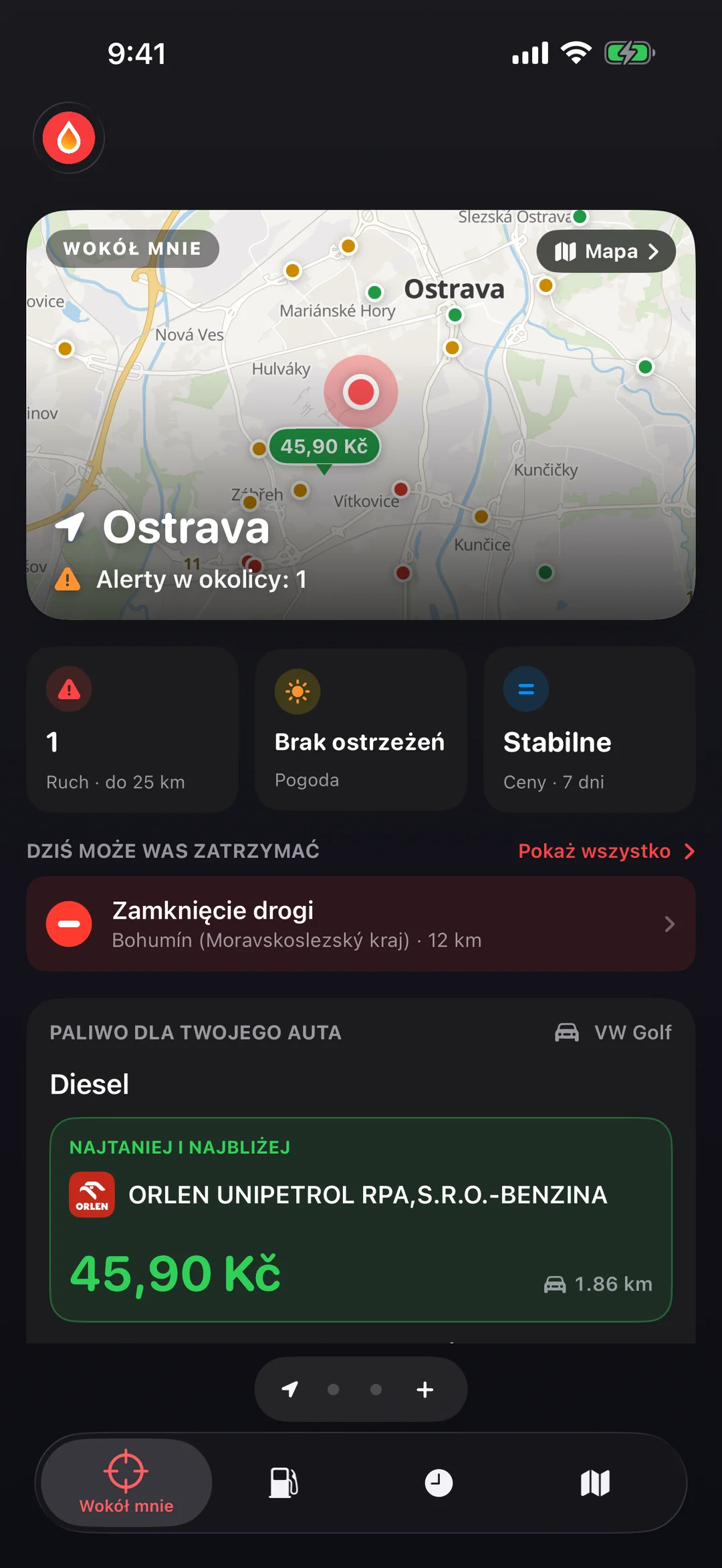 Ekran Wokół mnie w aplikacji GasBu: mapa stacji i zdarzeń drogowych, kafelki Ruch, Pogoda i Ceny oraz lista tego, co może Cię dziś zatrzymać