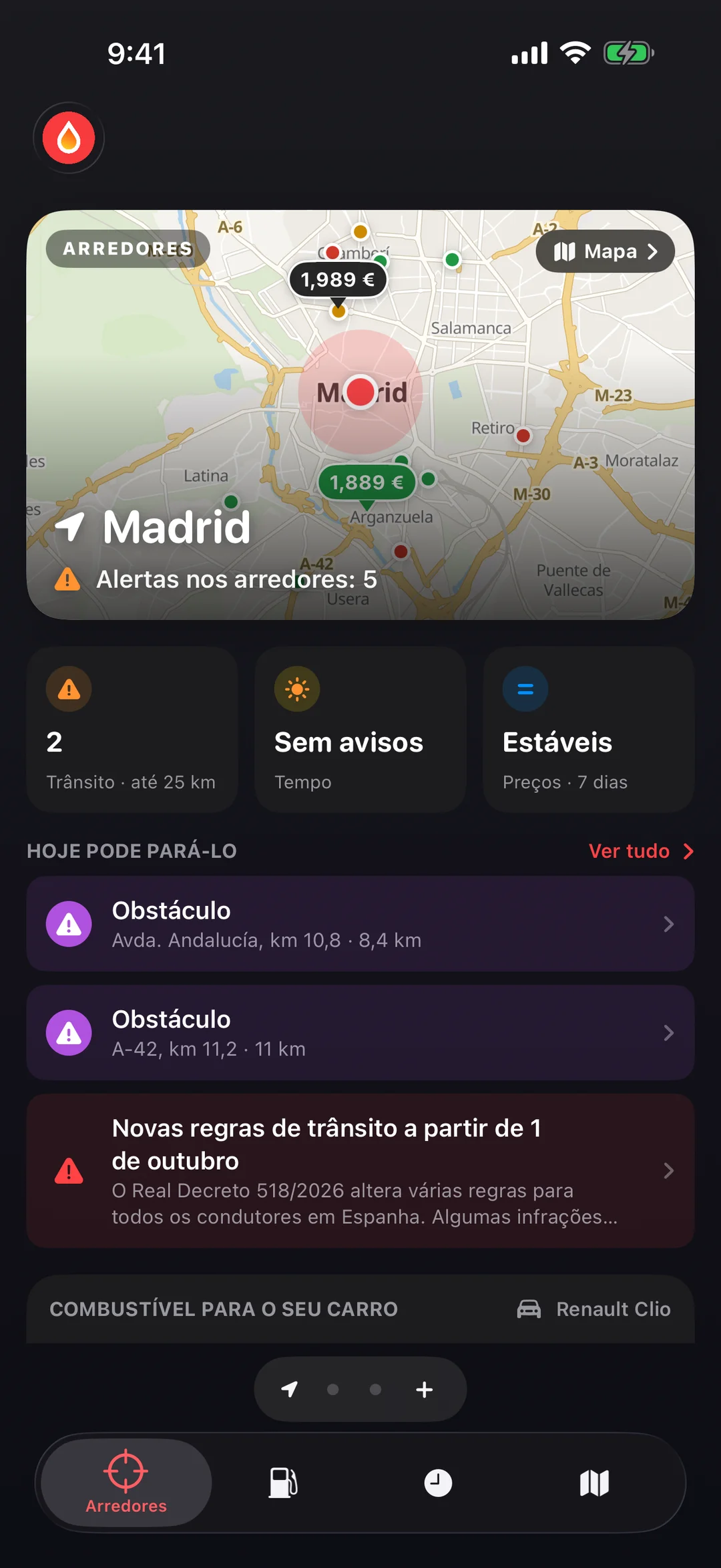 Ecrã Arredores do GasBu: mapa de postos e ocorrências de trânsito, cartões Trânsito, Tempo e Preços e lista do que hoje te pode parar