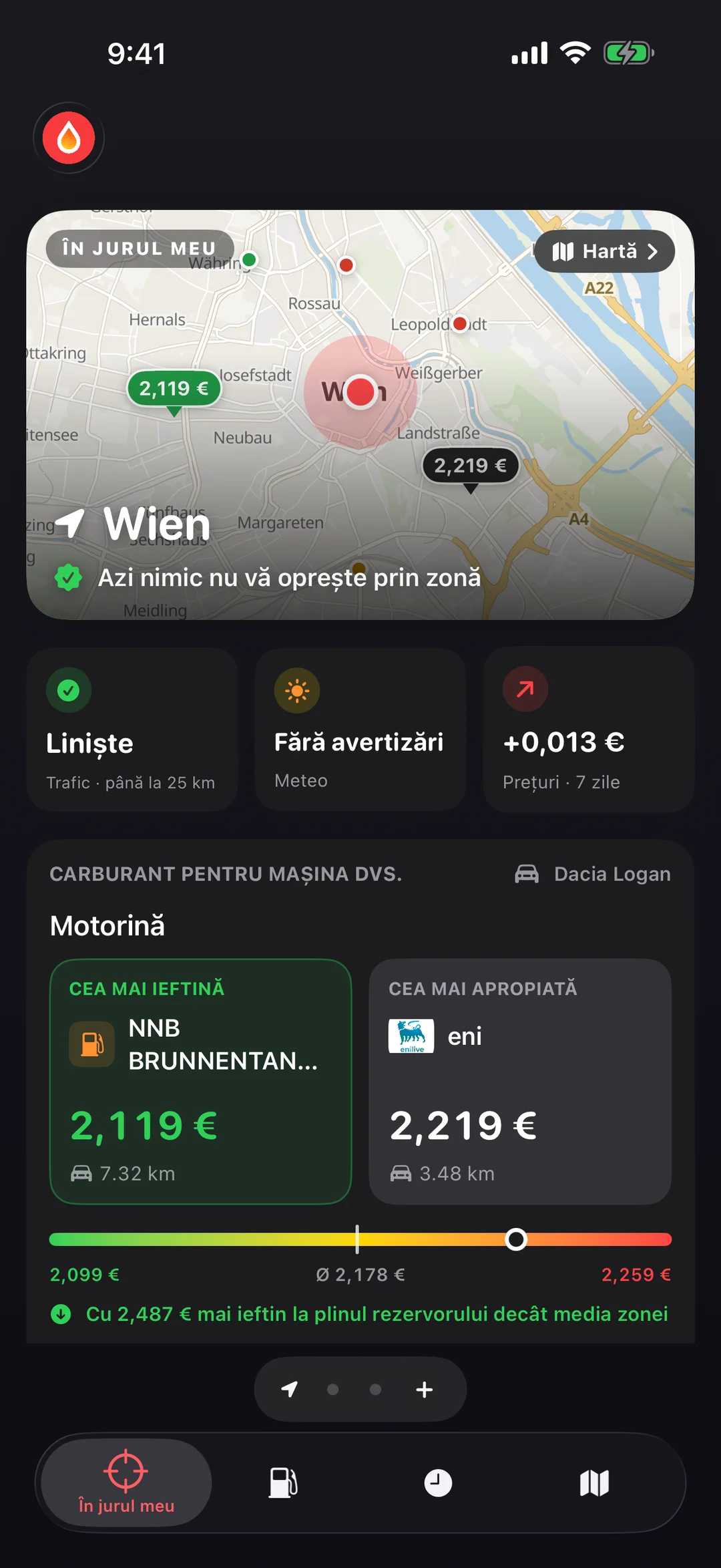 Ecranul În jurul meu din aplicația GasBu: harta benzinăriilor și a evenimentelor rutiere, cardurile Trafic, Meteo și Prețuri și lista a ceea ce vă poate opri astăzi