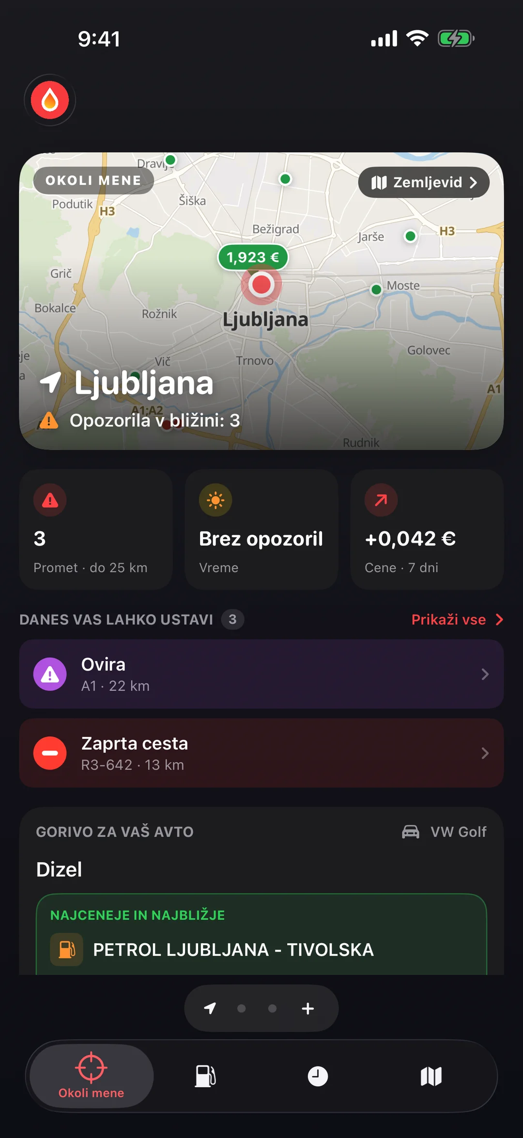 Zaslon Okoli mene v aplikaciji GasBu: zemljevid servisov in prometnih dogodkov, ploščice Promet, Vreme in Cene ter seznam tistega, kar vas lahko danes ustavi